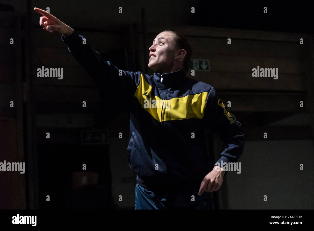 London, UK. 14 October 2019. Oona Doherty performs at a preview of Oona Doherty's "Hope Hunt and the Ascension into Lazarus" which is taking place at The Yard in East London, 14 to 16 October 2019. The show is an attempt to deconstruct the stereotype of the disadvantaged urban male and is part of this year's Dance Umbrella Festival. Credit: Stephen Chung / Alamy Live News Stock Photo