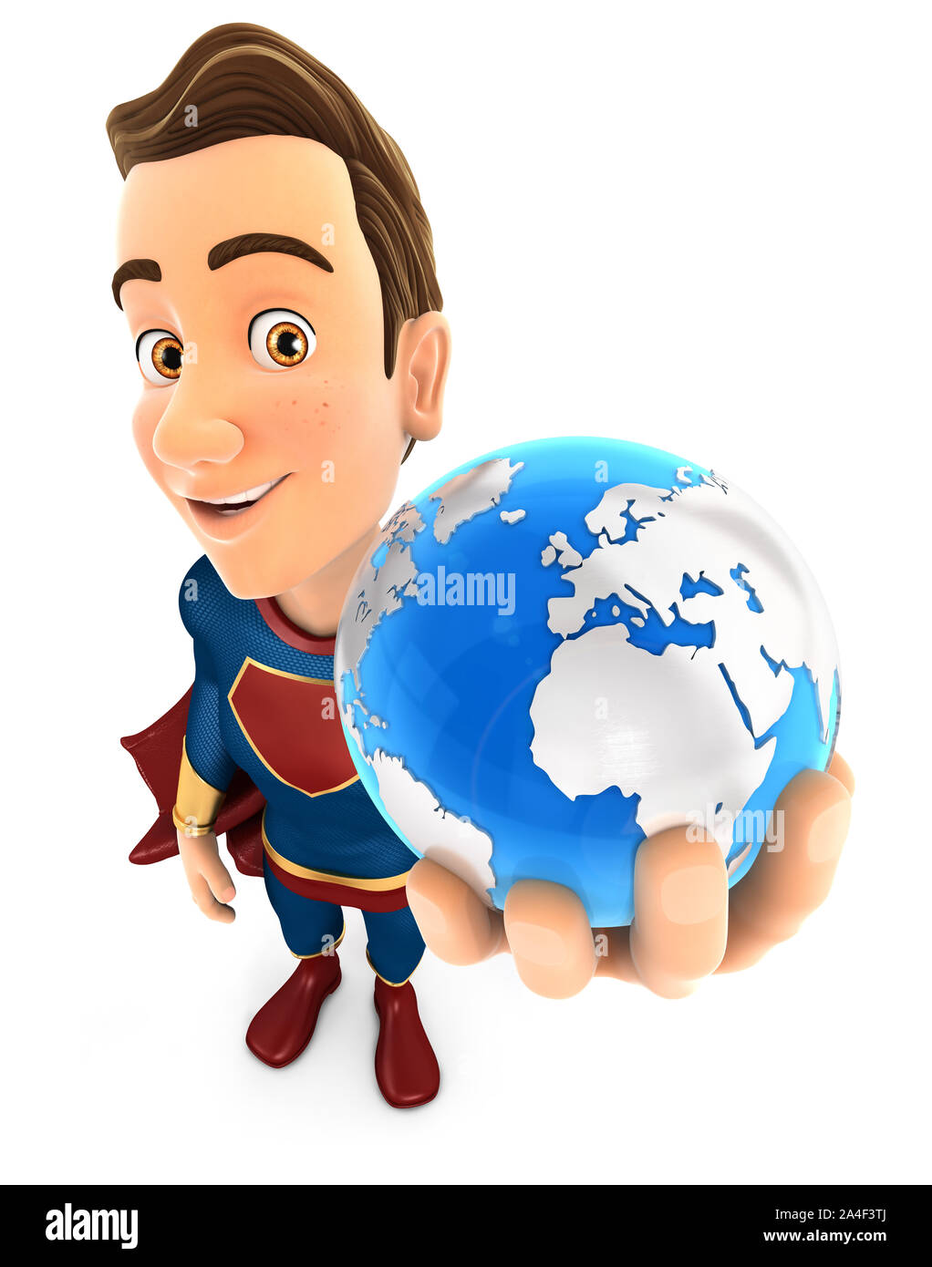 3d superhero holding blue earth, illustration with isolated white background Stock Photo