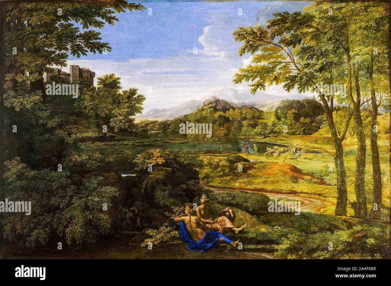 Nicolas Poussin, Landscape with two nymphs and a serpent, painting, 1659 Stock Photo