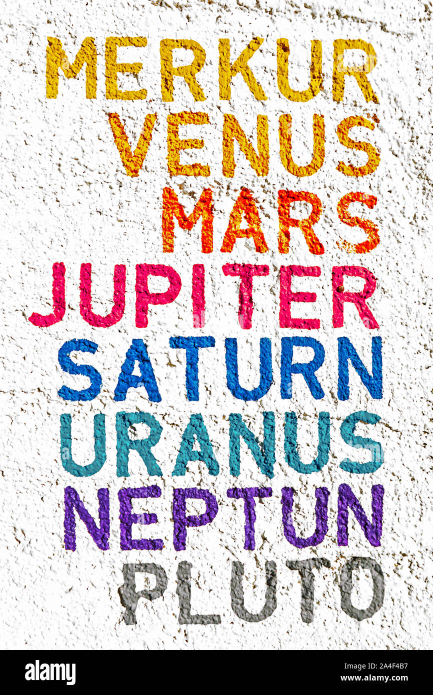 Merkur Mercury, Venus, Mars, Jupiter, Saturn, Uranus, Neptun Neptune, and Pluto written in German language on a white house wall Stock Photo