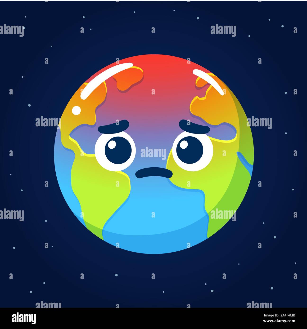 Global warming and climate crisis drawing. Cartoon Earth with worried face. Environment and ecology vector clip art illustration. Stock Vector
