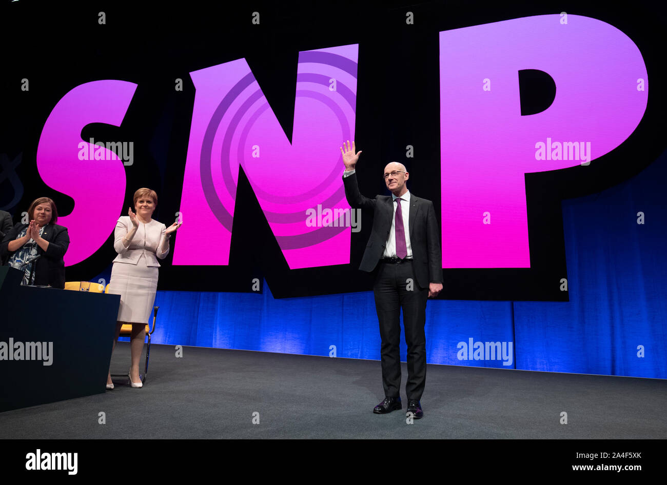Deputy First Minister John Swinney after delivering his address to delegates during the 2019 SNP autumn conference at the Event Complex in Aberdeen. Stock Photo