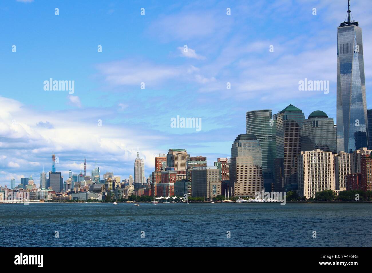 Skyline Cityscape view of West Side Lower Manhattan, New York City, taken from the Hudson River. Stock Photo