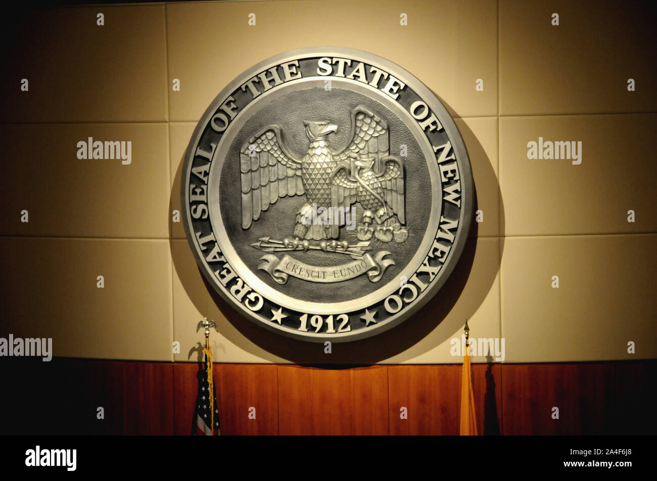 The Great Seal of The State of New Mexico at the State Capitol in Santa Fe New Mexico. The State Capitol was dedicated in December 1966. Stock Photo