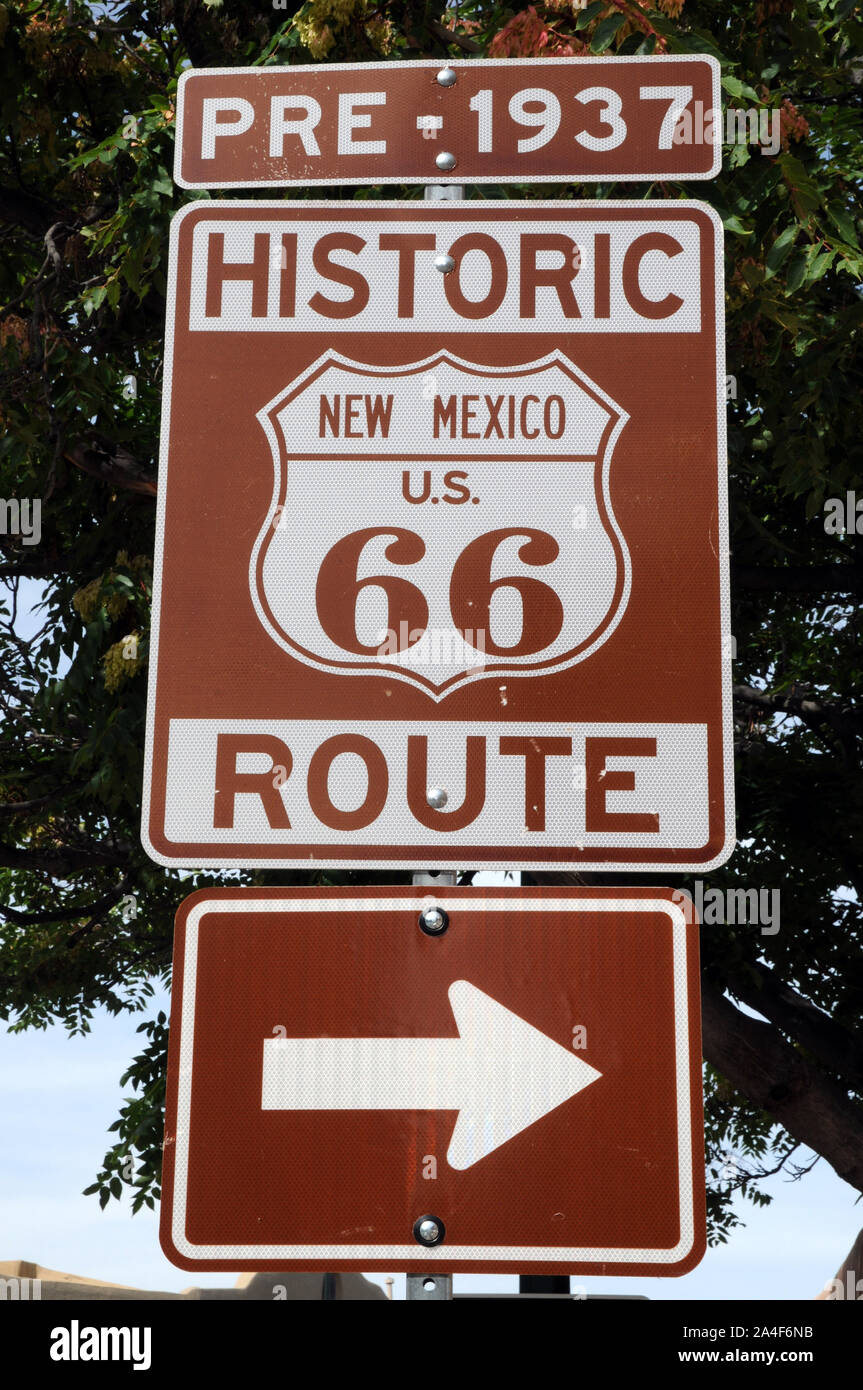 Sign posts to the historic pre 1937 Route 66 passing when it passed through Santa Fe New Mexico USA. In 1937 the route was changed bypassing Santa Fe. Stock Photo
