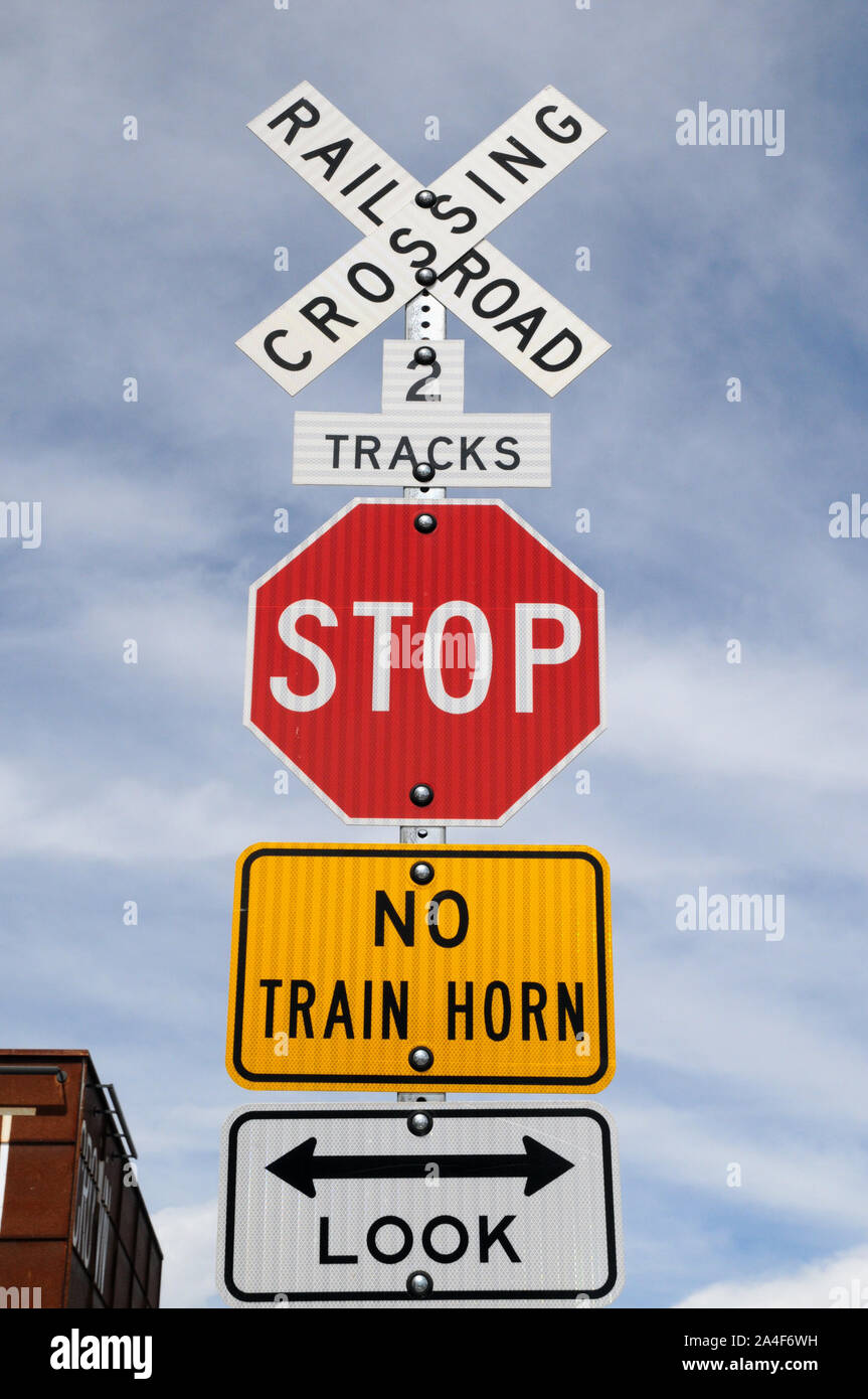 Rail warning signs at the roadside in Santa Fe New Mexico USA Stock Photo