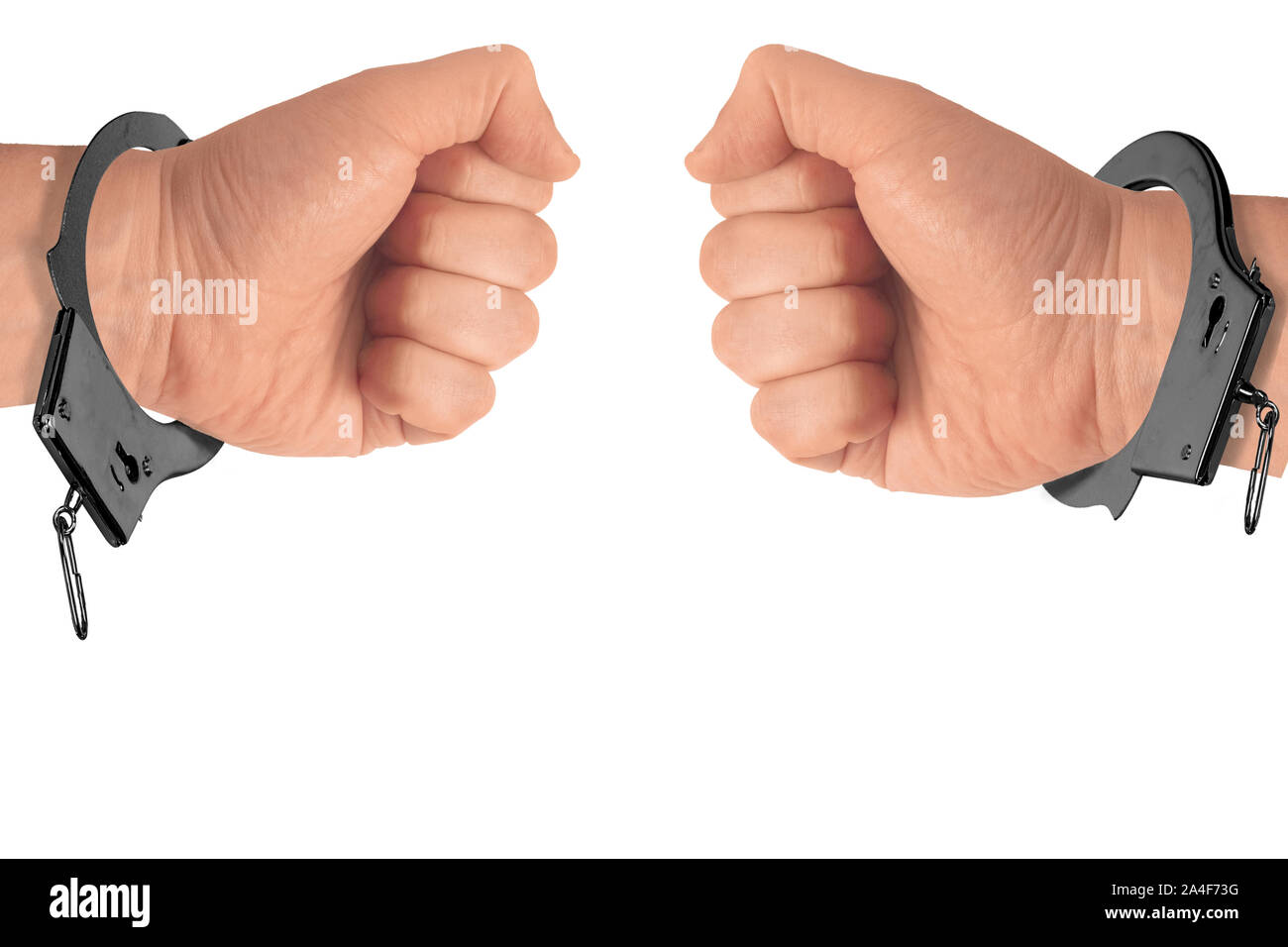 Man hands with broken handcuffs on white isolated background. Mockup