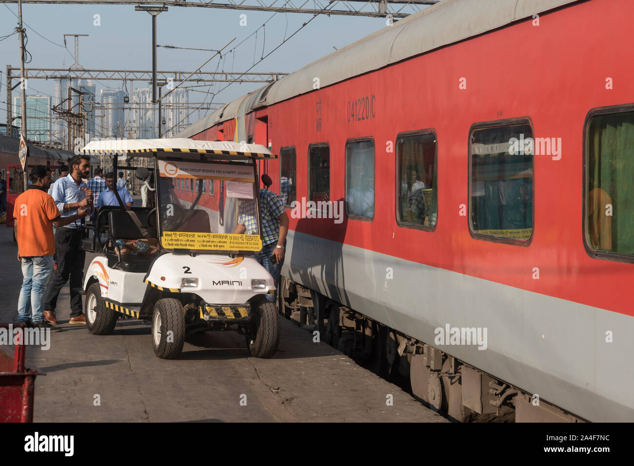 A passenger cart near the Mumbai Rajdhani express train at Mumbai central station in India. Stock Photo