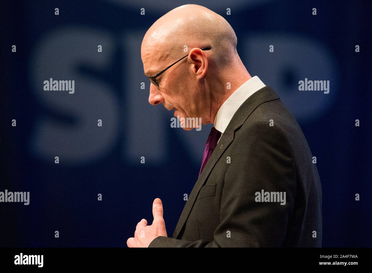 Aberdeen, UK. 14th Oct, 2019. Aberdeen, 14 October 2019. Pictured: John Swinney MSP - Depute First Minister of Scotland and member of the Scottish National Party (SNP). Keynote speech from the Depute First Minister at Scottish National Party (SNP) Conference at The Event Complex Aberdeen(TECA). Credit: Colin Fisher/Alamy Live News Stock Photo