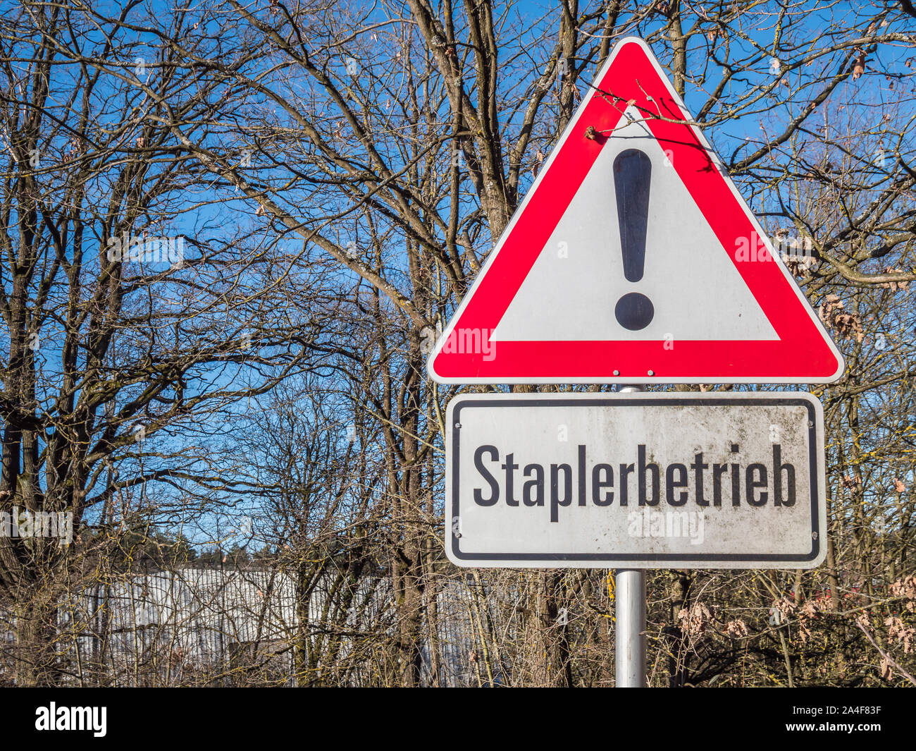 Warning sign stacker operation in German Stock Photo