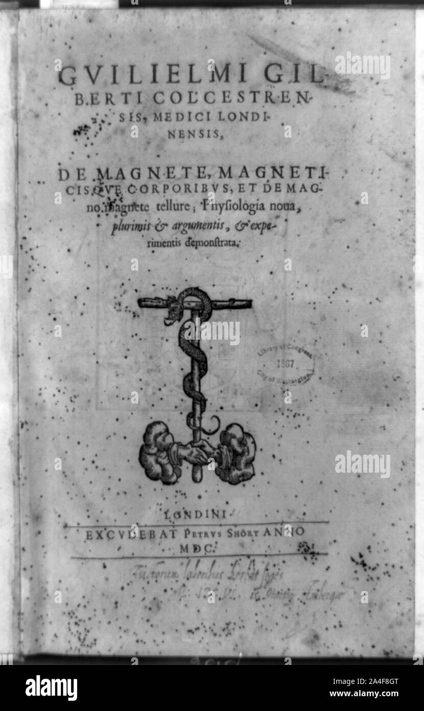 Title page of De magnete, with serpent wound about wooden T staff clasped by two hands Stock Photo