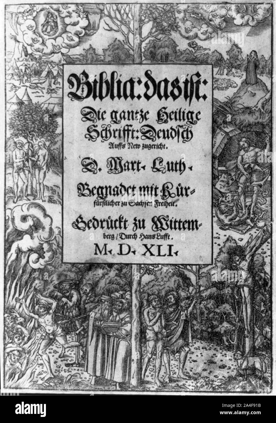 Title page, bordered with numerous New Testament scenes, of German Bible Stock Photo