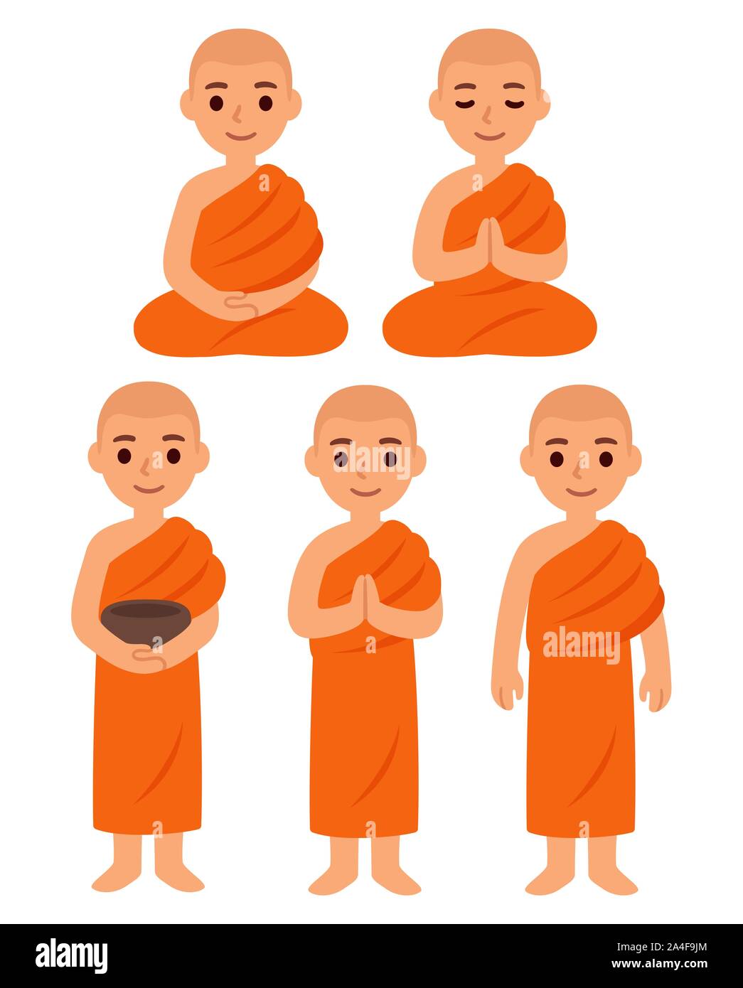 Cute cartoon Thai Buddhist monks in orange robes. Standing with alms bowl,  sitting, meditating, praying. Simple vector character clip art illustration  Stock Vector Image & Art - Alamy