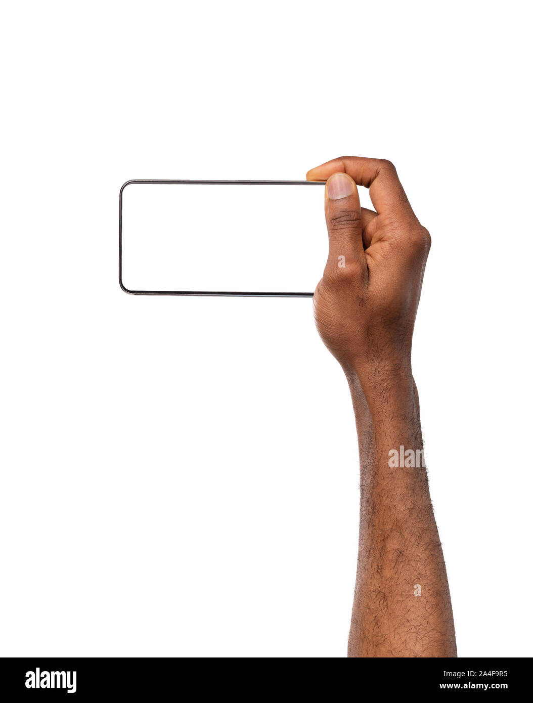 Afro man's hand holding smartphone with blank screen, watching videos Stock Photo