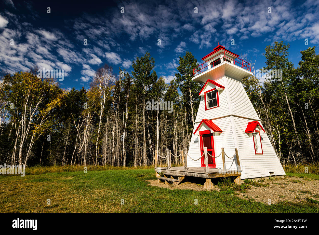 Gaspesian British Heritage Village Pointe Duthie Lighthouse _ New Richmond, Quebec, CA Stock Photo