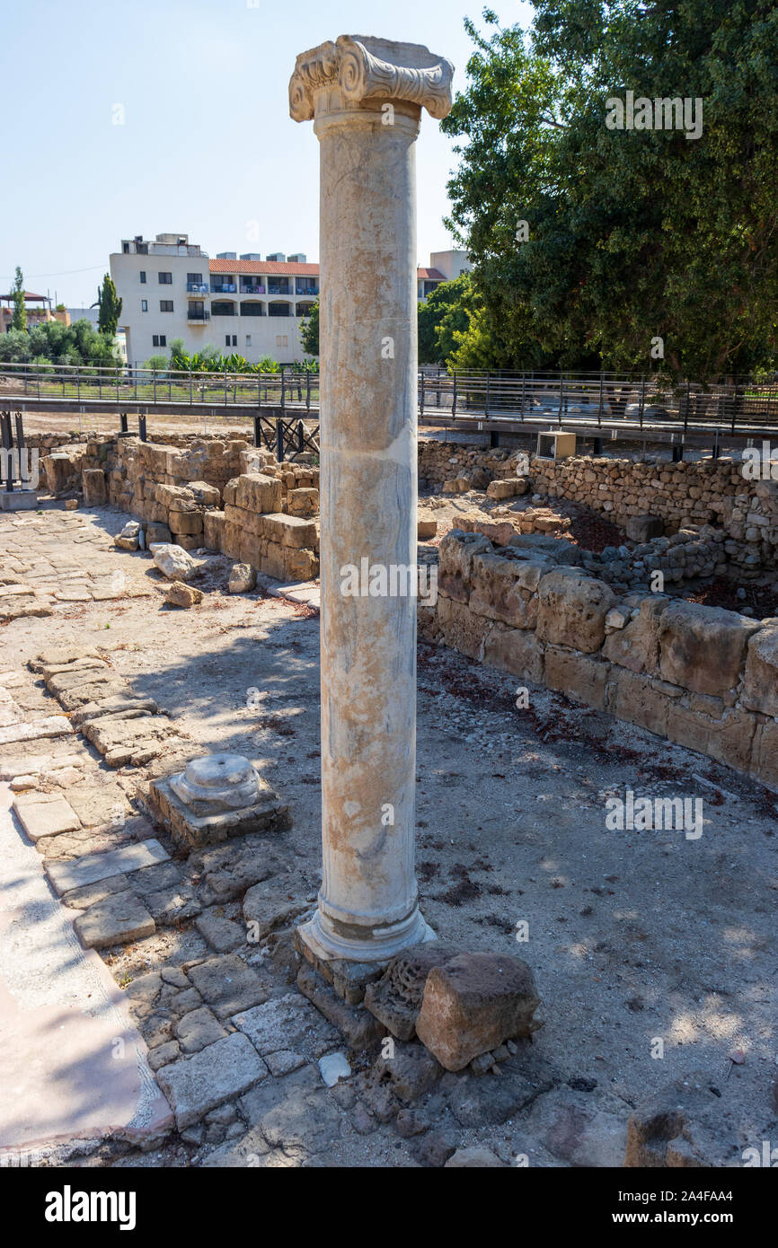 view of Saint Paul column in the archeological site of Panagia Chrysopolitissa church (Ayia Kyriaki), Paphos, Cyprus, Greece Stock Photo