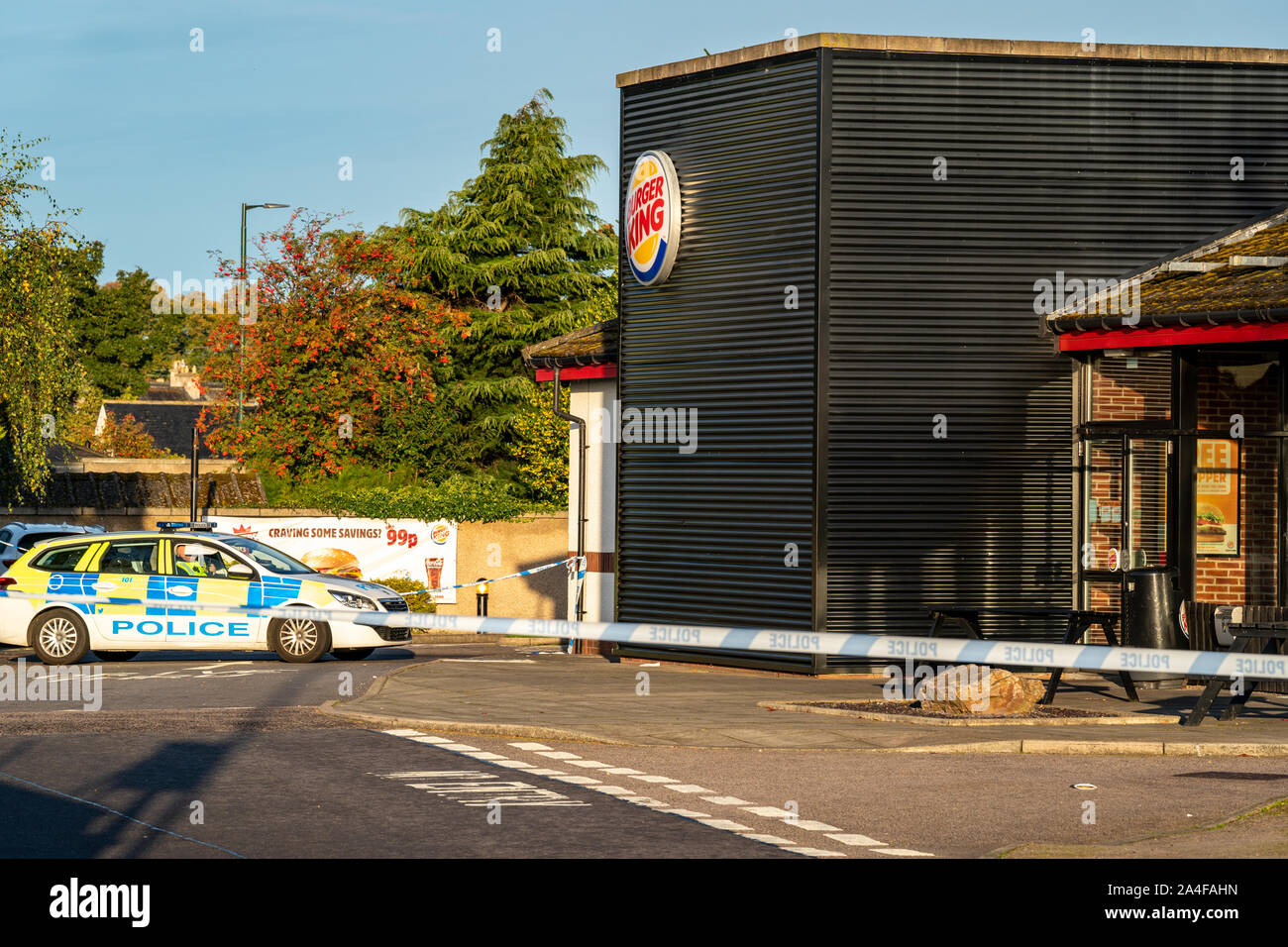 Elgin, Moray, Scotland, UK. 14th Oct, 2019. This is the scene of the Robbery in relation to the following Police PR. Police in Elgin are appealing for information following a robbery at a business premises in the Ashgrove Road area of the town. The incident happened around 11.50pm on Sunday, 13 October, when two men entered Burger King and demanded cash. They then left with a three figure sum which was later recovered. Both men are described as tall, stocky build and are not believed to have had local accents. Credit: JASPERIMAGE/Alamy Live News Stock Photo