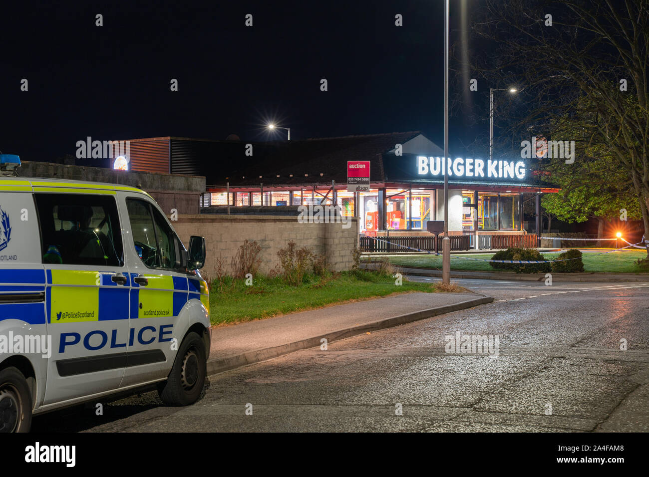 Elgin, Moray, Scotland, UK. 14th Oct, 2019. This is the scene of the Robbery in relation to the following Police PR. Police in Elgin are appealing for information following a robbery at a business premises in the Ashgrove Road area of the town. The incident happened around 11.50pm on Sunday, 13 October, when two men entered Burger King and demanded cash. They then left with a three figure sum which was later recovered. Both men are described as tall, stocky build and are not believed to have had local accents. Credit: JASPERIMAGE/Alamy Live News Stock Photo