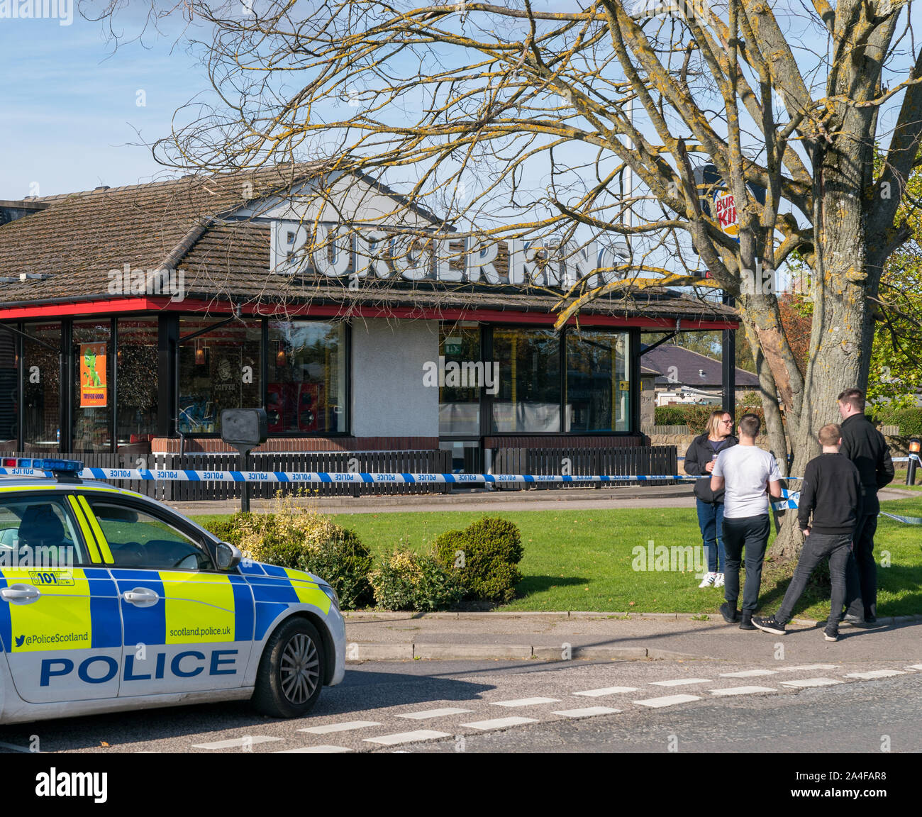 Elgin, Moray, Scotland, UK. 14th Oct, 2019. This is the scene of the Robbery in relation to the following Police PR. Police in Elgin are appealing for information following a robbery at a business premises in the Ashgrove Road area of the town. The incident happened around 11.50pm on Sunday, 13 October, when two men entered Burger King and demanded cash. They then left with a three figure sum which was later recovered. Both men are described as tall, stocky build and are not believed to have had local accents. Credit: JASPERIMAGE/Alamy Live News Stock Photo