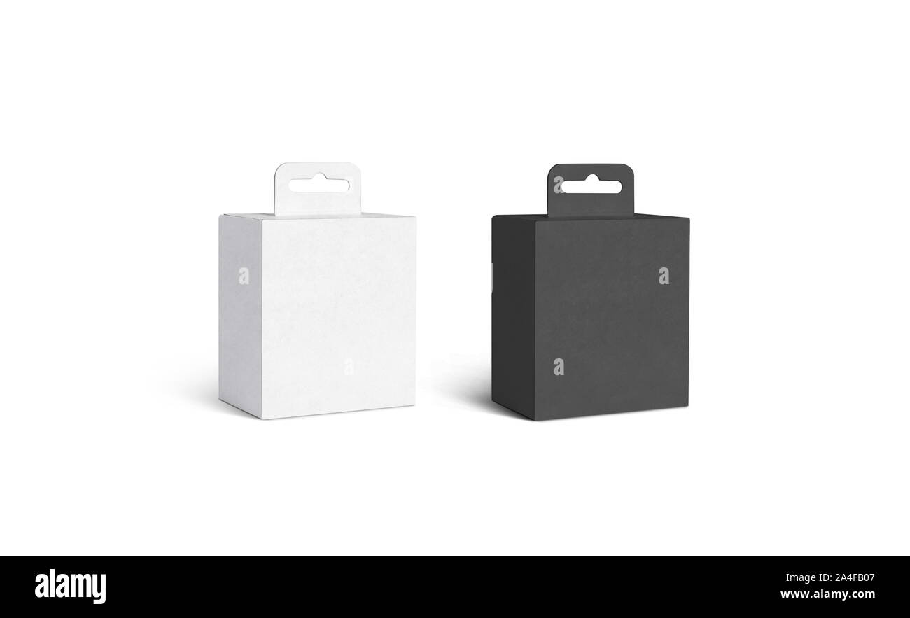 Blank black and white accessory box with hanger mockup, isolated Stock Photo