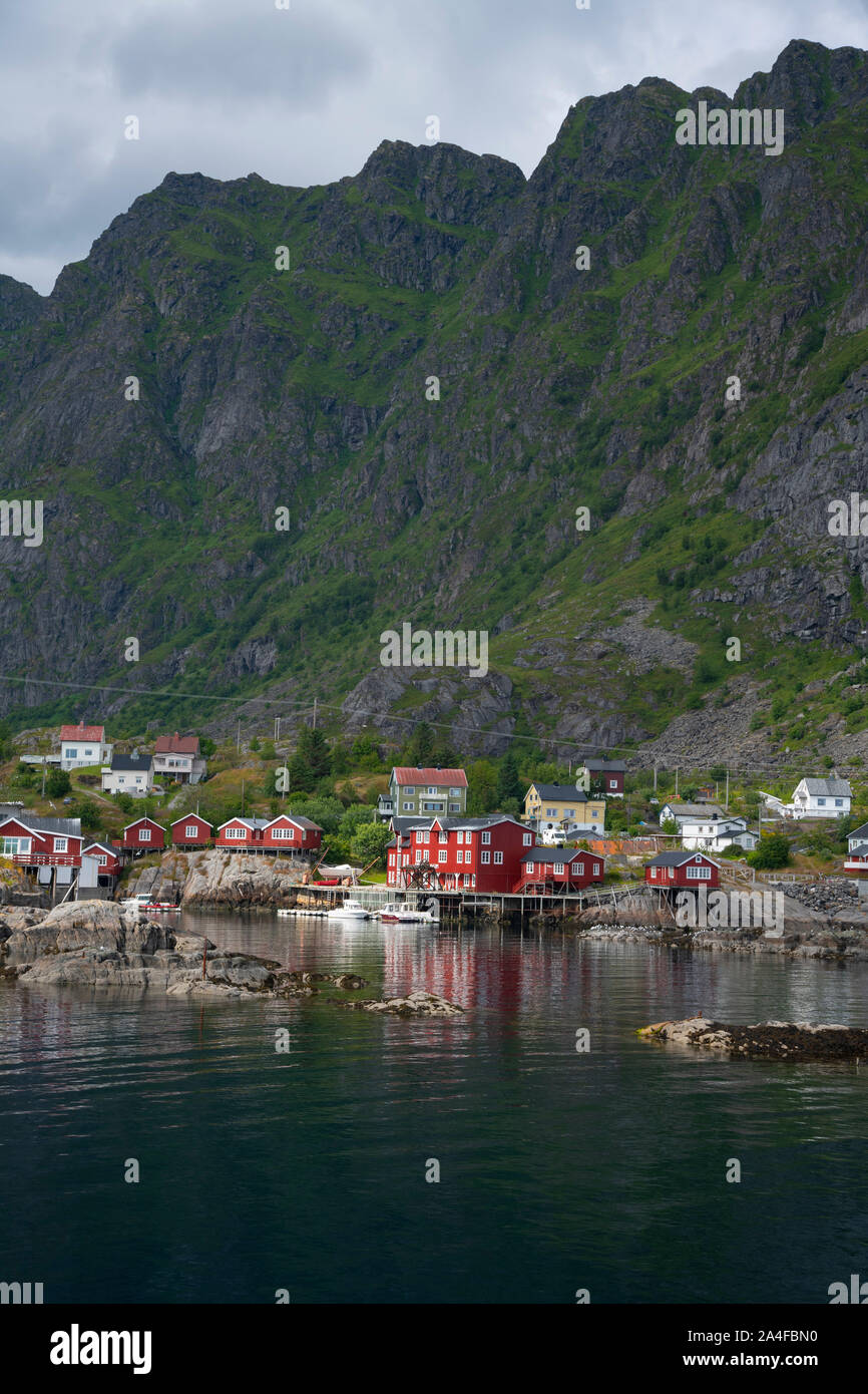 Colourful rorbu, fishermen’s cabins, in the fishing village of A on Vest Fjord, Moskenesoy, the Lofoten Islands, Norway Stock Photo