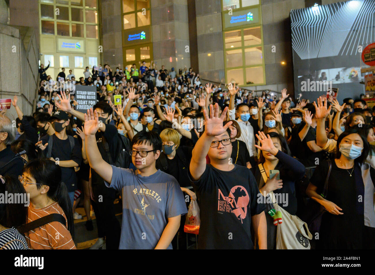Central Hong Kong. October 14, 2019. Over 100,000 of protesters gathered in Chater Garden and spilled over into the Central Business district of Hong Kong for a peaceful demonstration. The gathering called on the United States to pass the Hong Kong Human rights and Democracy Act 2019. This act would sanction officials who undermined people's rights in the Hong Kong SAR. Stock Photo