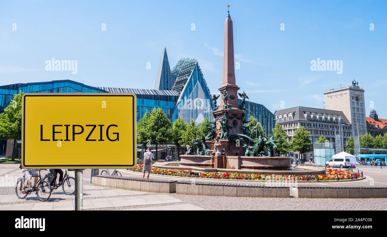 Sign Leipzig Skyline in East Germany Stock Photo