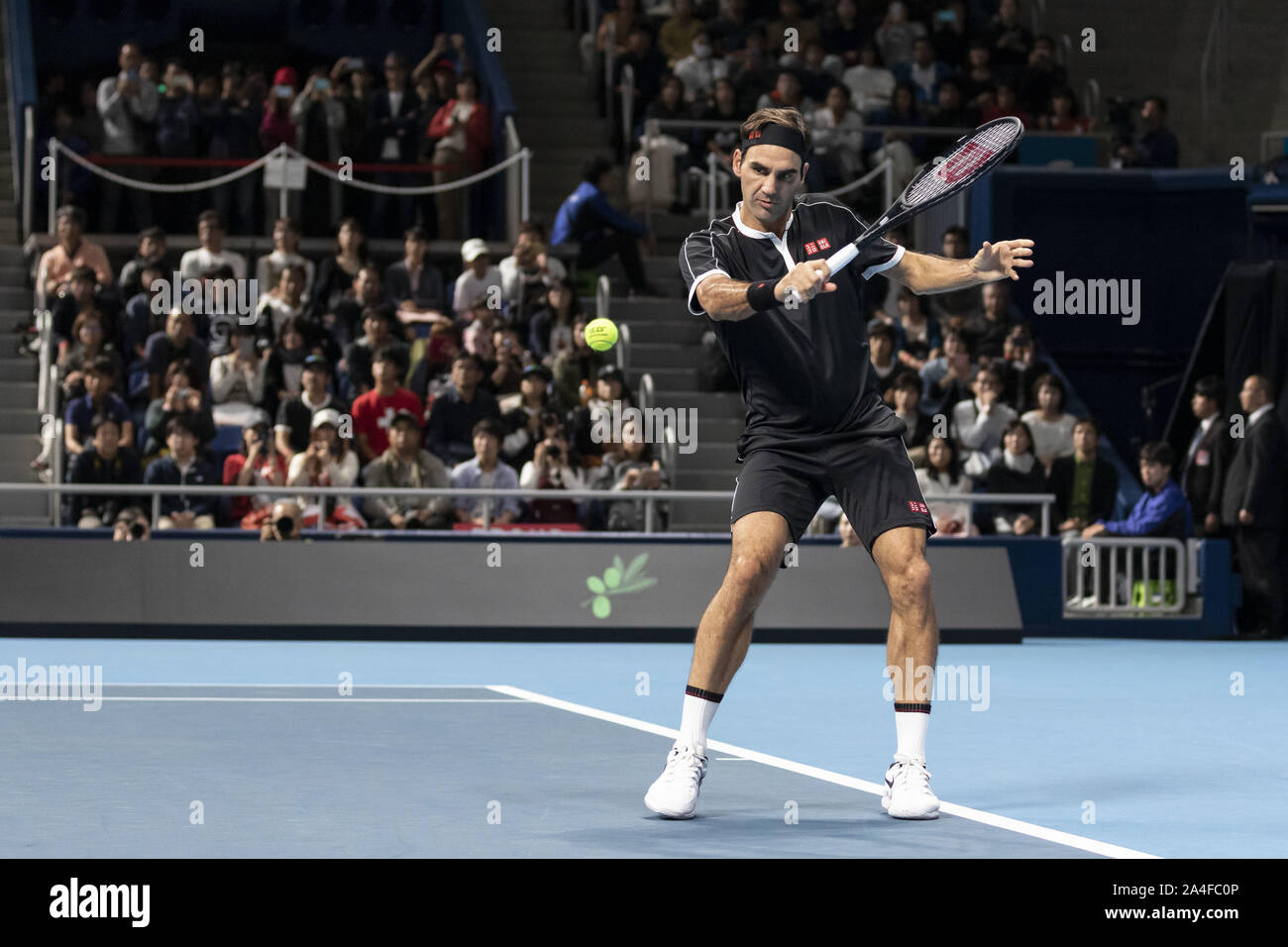 Tokyo, Japan. 14th Oct, 2019. Roger Federer is in his match v John Isner  during the UNIQLO Life Wear Day Tokyo charity event at Ariake Coliseum.  Professional tennis player Roger Federer who