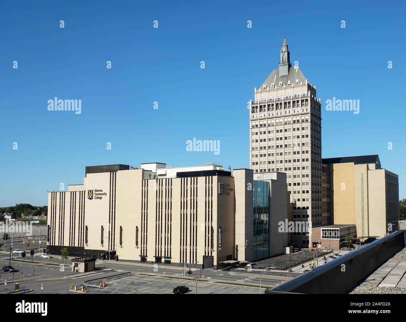 Rochester, New York, USA. October 13, 2019. Elevated view down State Street in downtown Rochester , New york of Monroe Community College and Kodak Cor Stock Photo