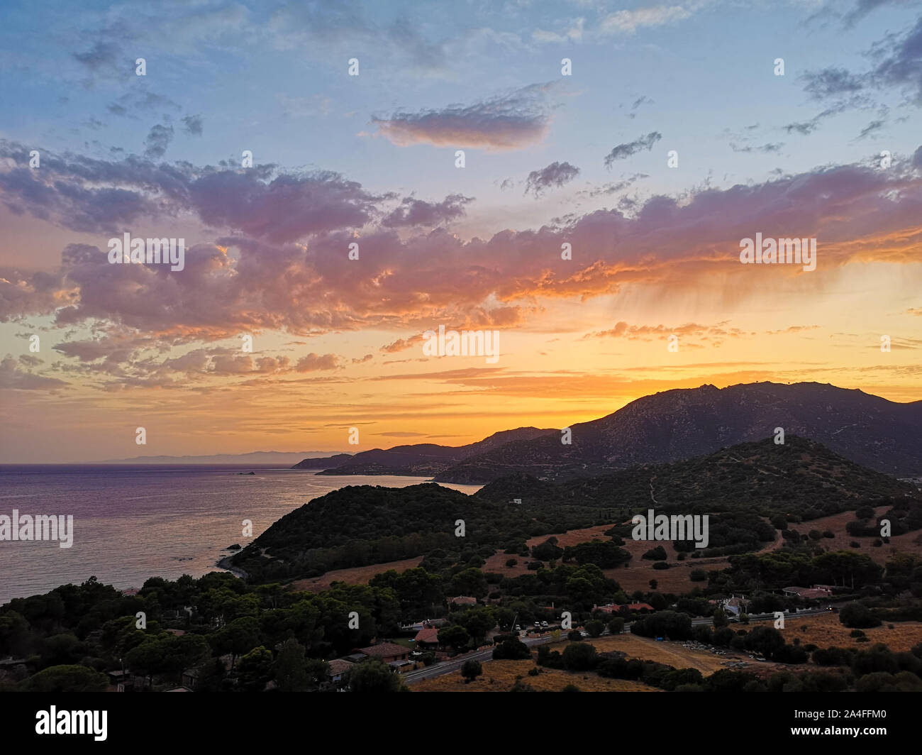 Cape Carbonara panorama at sunset. It is a famous tourist resort near Villasimius, Sardinia, Italy. Stock Photo