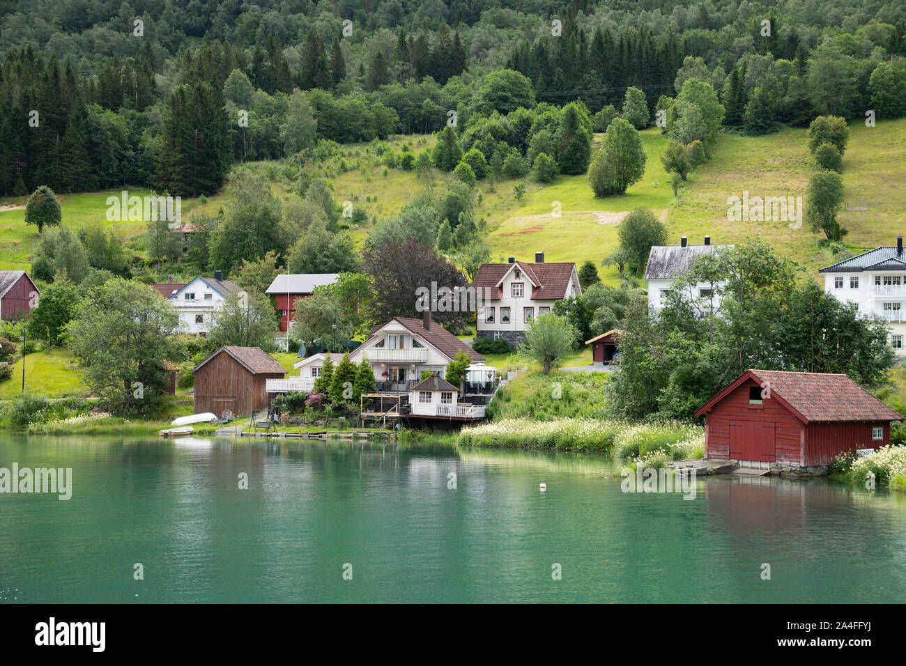 Traditional timber houses in Stryn on Nord Fjord Vestlandet, Norway