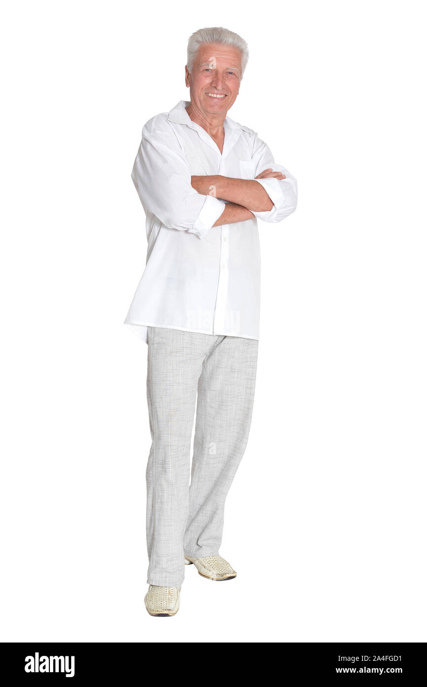 Portrait of senior man posing isolated on white background, full length ...