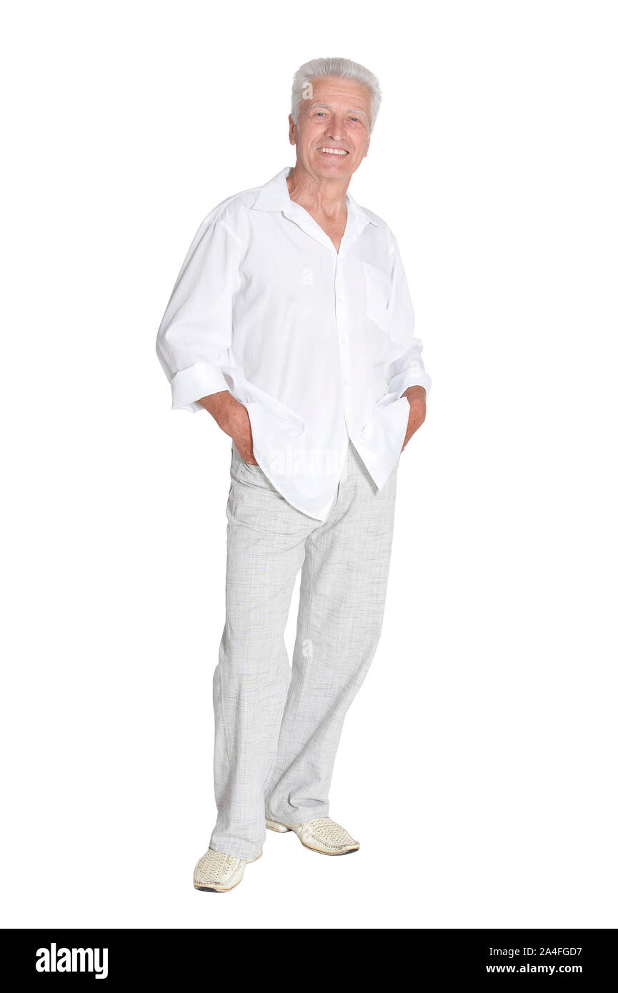 Portrait of senior man posing isolated on white background, full length ...