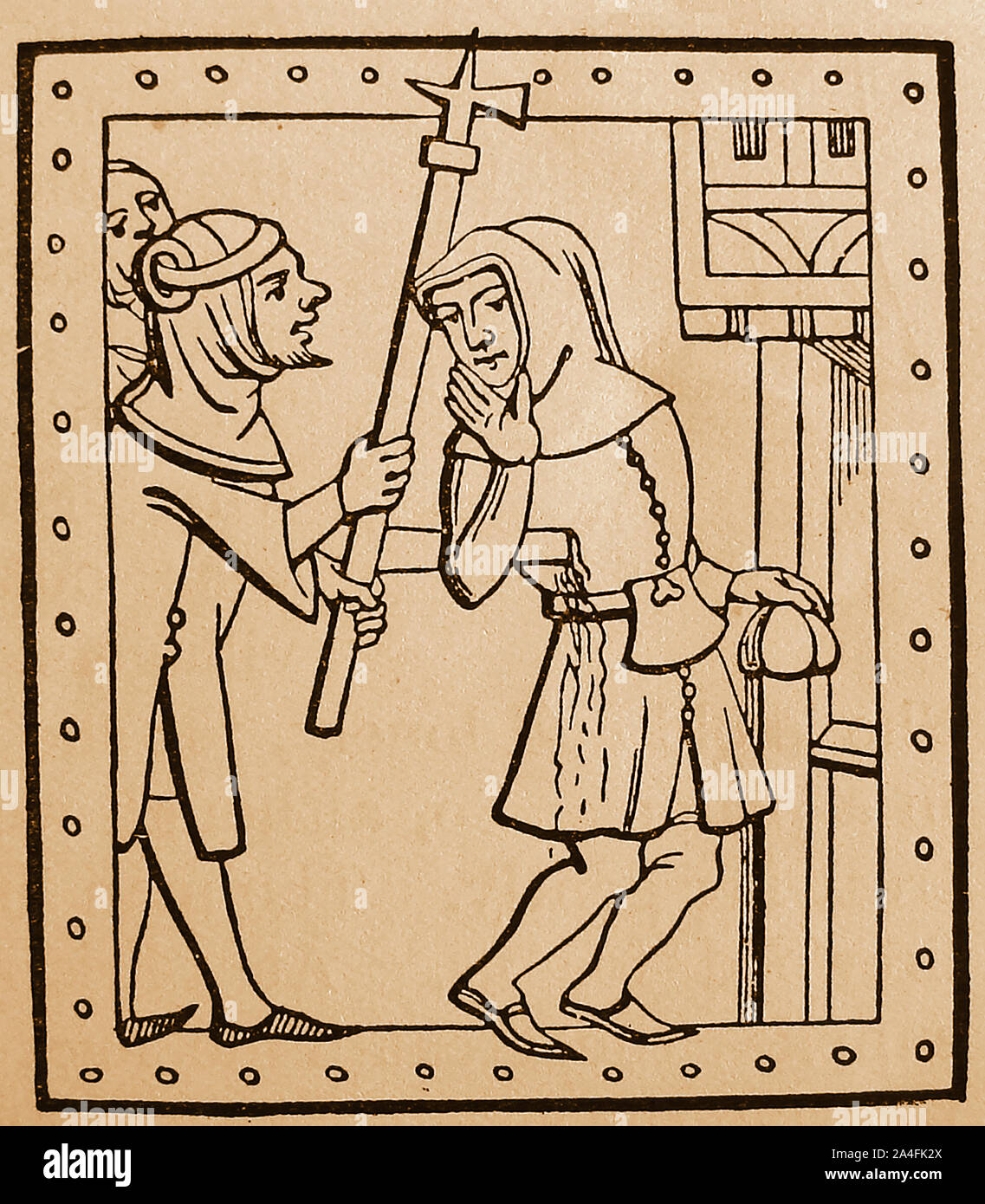 An old illustration showing a Medieval Seneschal, Bailiff, Majordomo or  Steward leading a ceremonial procession and carrying his purse . His job  was administrative and a senior position within a royal, ducal,