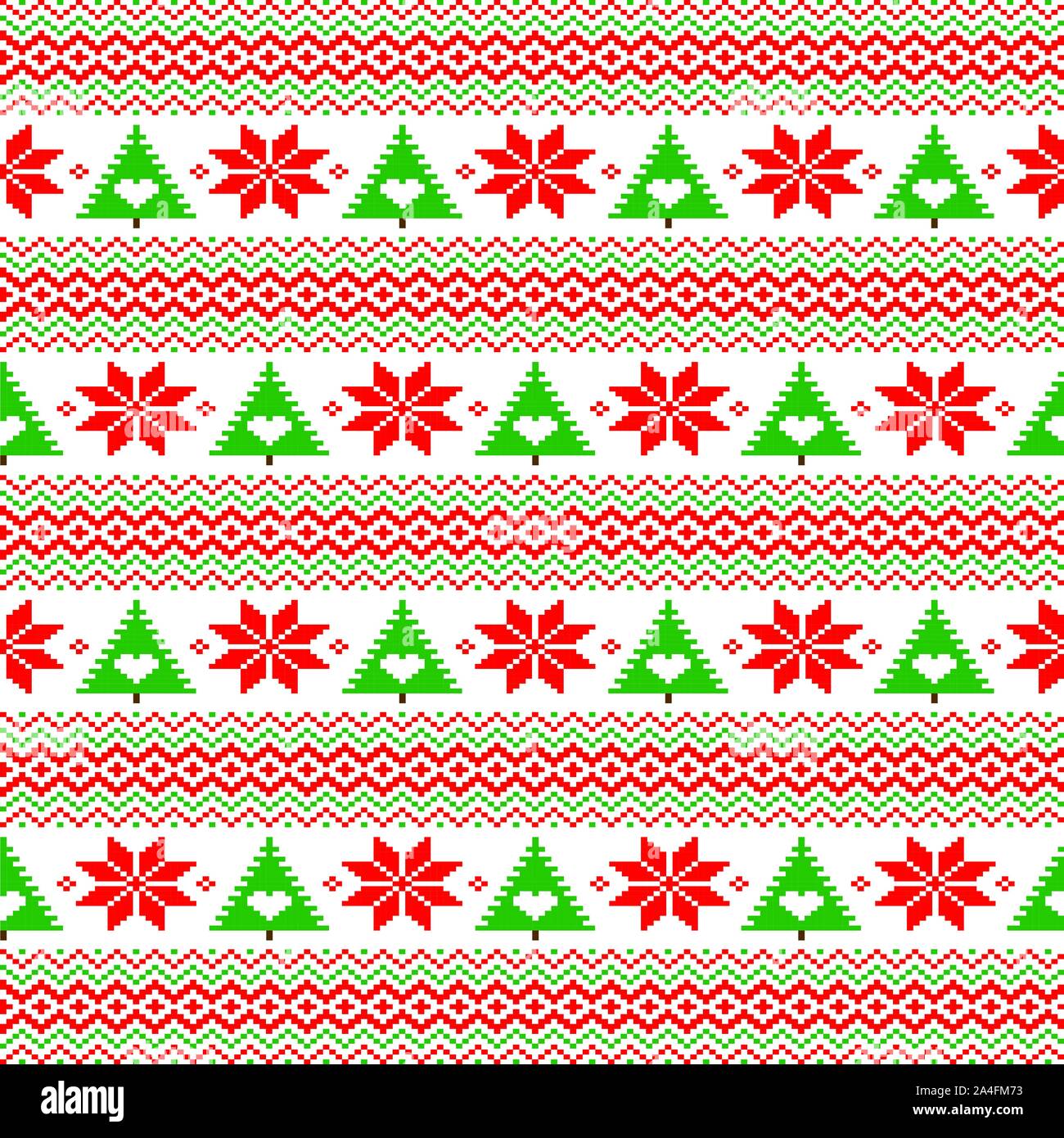 seamless new year pattern. tree, green and red colors. pixel Stock Vector