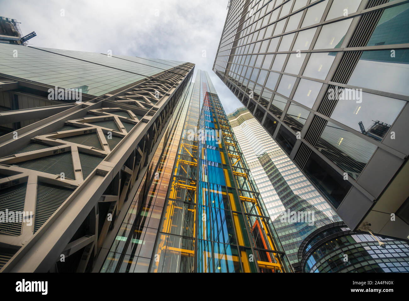 Business towers in the city of London from below Stock Photo