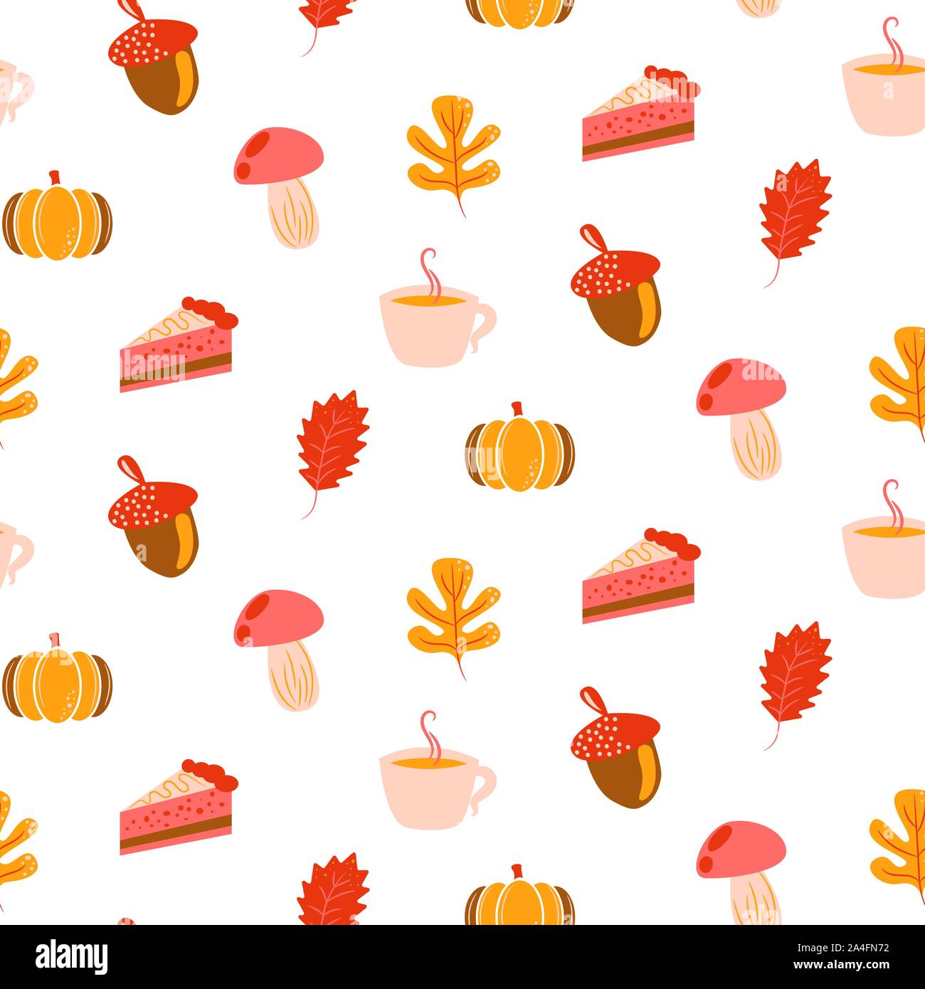 Autumn harvest objects pumpkin, acorn, pie, mushroom and leaves. Fall seamless pattern in pink and orange colors. Stock Vector