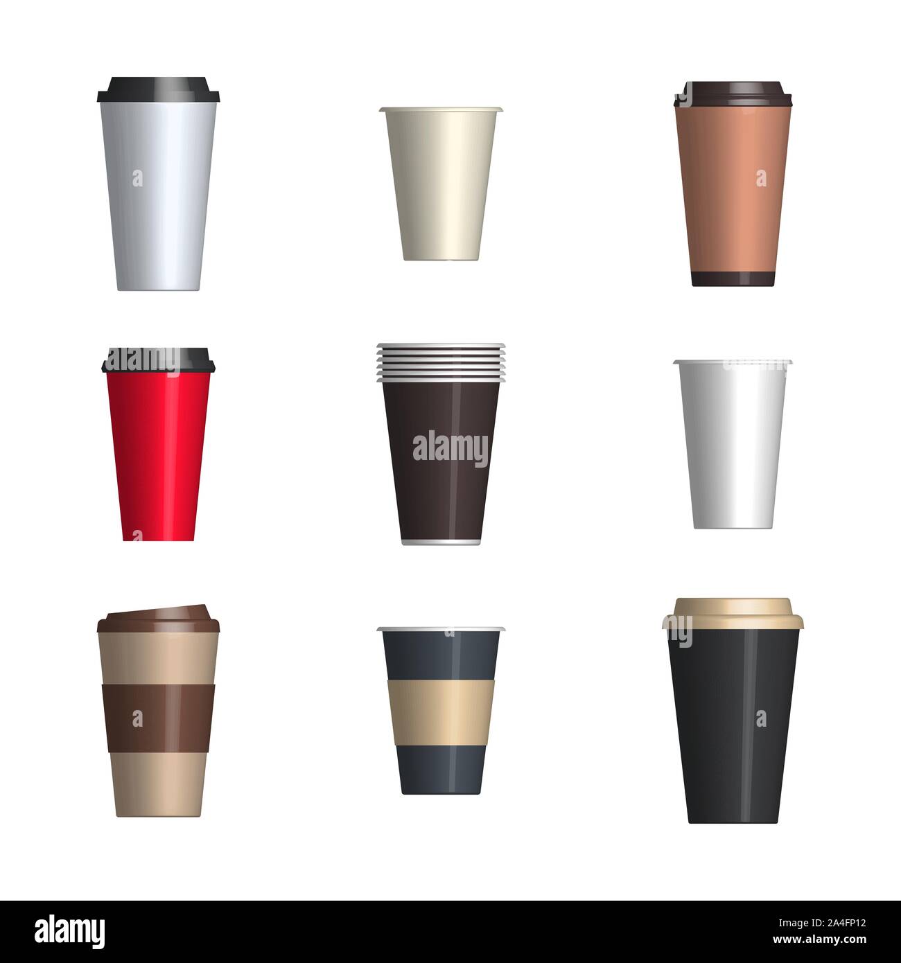 Set of plastic and paper coffee cups of different shapes isolated on a white background. Front view, vector illustration. Stock Vector