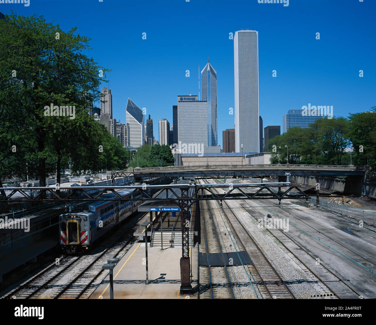 Train comes into the Metra Station in Chicago, Illinois Stock Photo