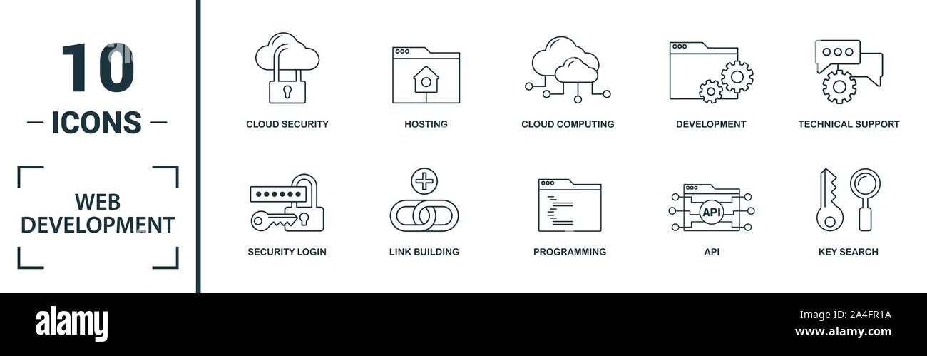 Web Development icon set. Include creative elements key search, seo, cloud storage, cloud management, network connection icons. Can be used for report Stock Vector