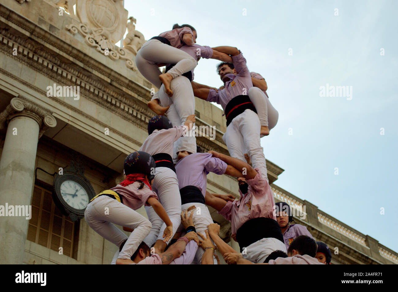 Castellers building castells/human towers at the 2019 La Merce Festival ...