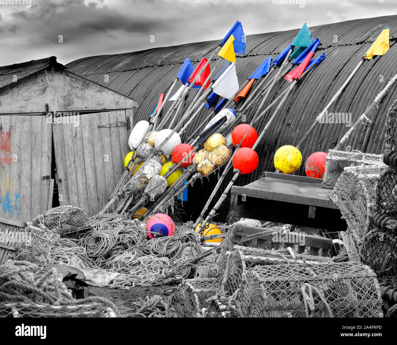 A collection of commercial fishing items including lobster pots and