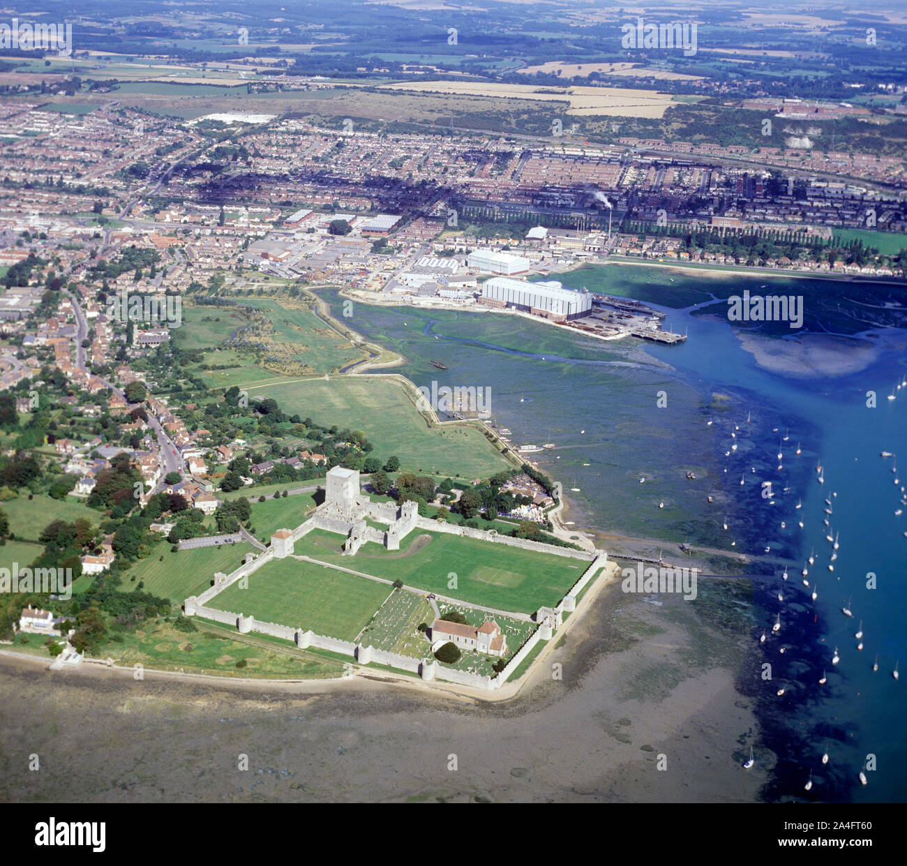 Aerial view of Portchester Castle and the upper reaches of Portsmouth Harbour, Portsmouth & Fareham, Hampshire, Southern England, England, UK Stock Photo