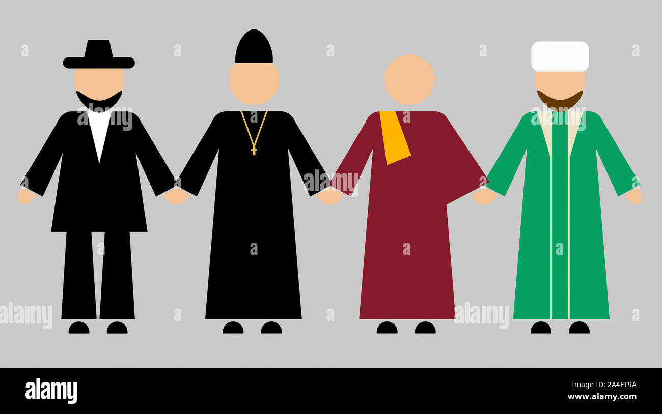 Jewish, Christian, Buddhist, Muslim clergy hold hands. Friendship of four traditional religions of Russia Stock Photo