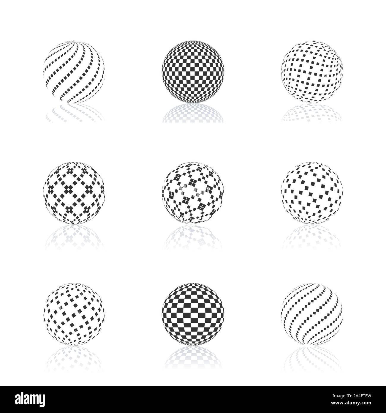 Set black sphere with halftone fill and mirror reflection, isolated on ...