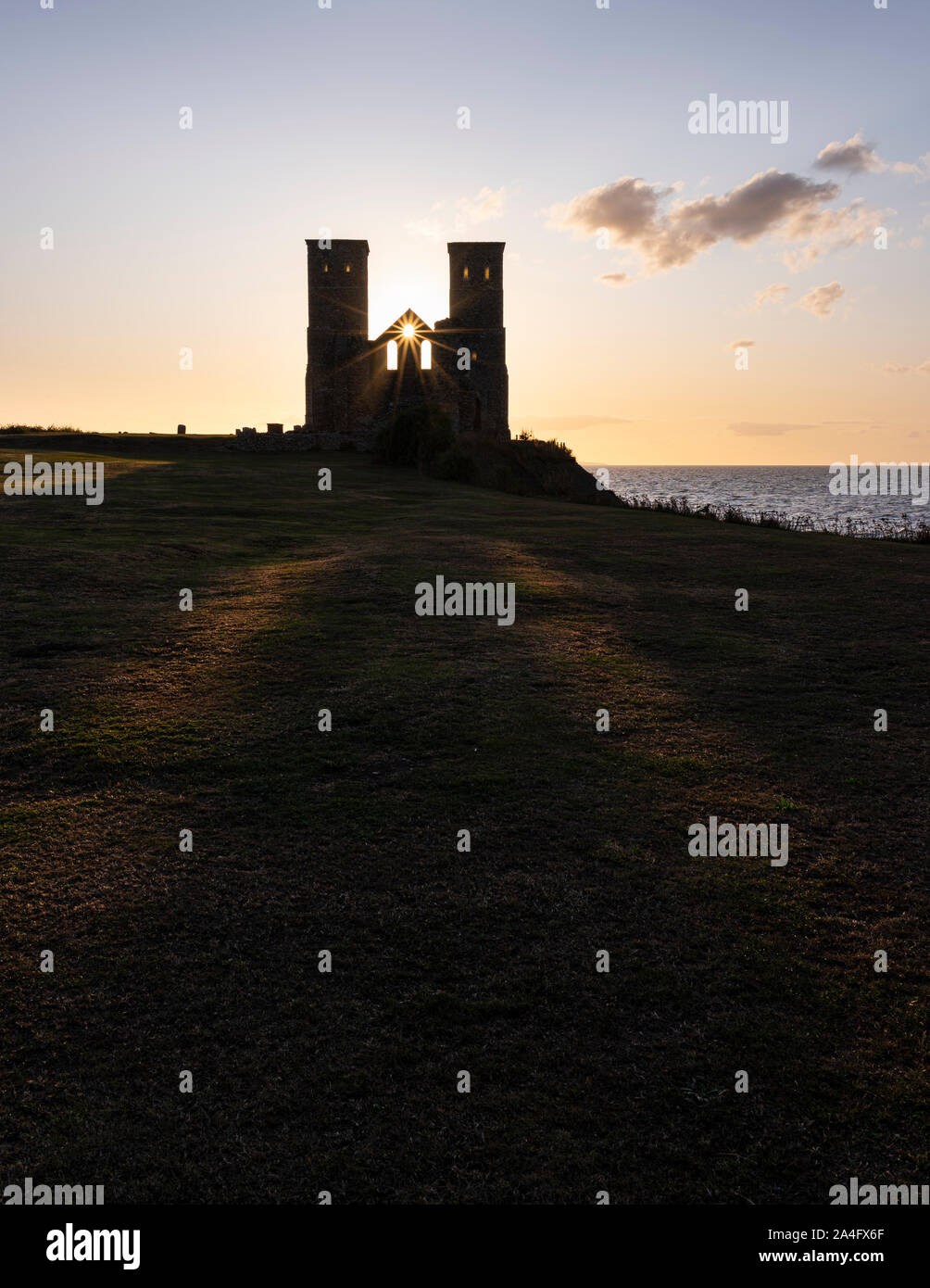 Late evening light at Reculver Towers; a medieval church and site of a Roman fort on the North Kent coast. Stock Photo
