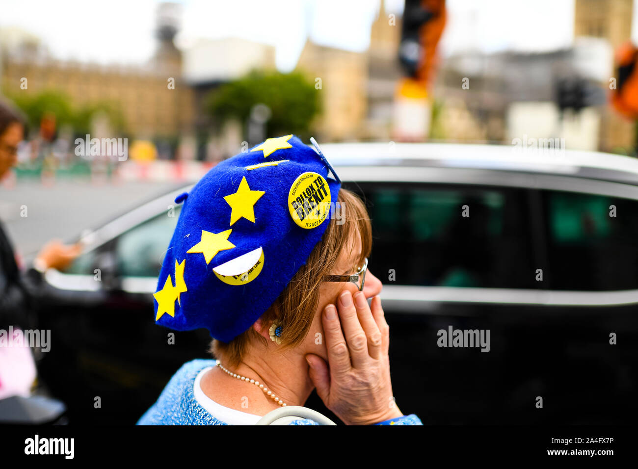London, UK. A woman wearing an EU flag hat and a 'Bollox to Brexit' badge outside the Houses of Parliament. Stock Photo