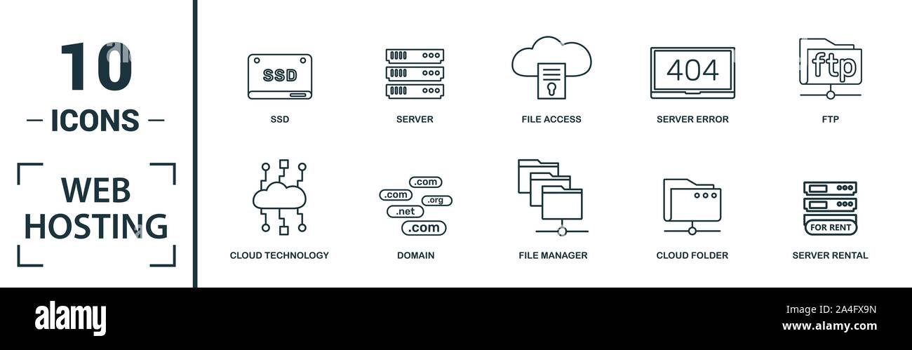 Web Hosting icon set. Include creative elements data structure, cloud technology, ssd, file access, modem icons. Can be used for report, presentation Stock Vector