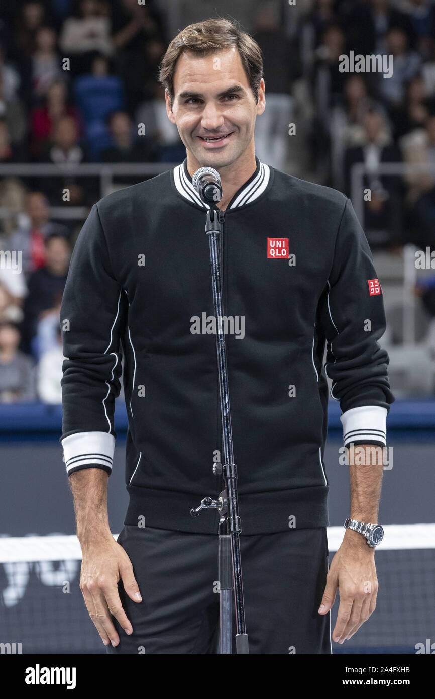 Tokyo, Japan. 14th Oct, 2019. Roger Federer speaks during the opening  ceremony for the UNIQLO Life Wear Day Tokyo charity event at Ariake  Coliseum. Professional tennis player Roger Federer who is UNIQLO