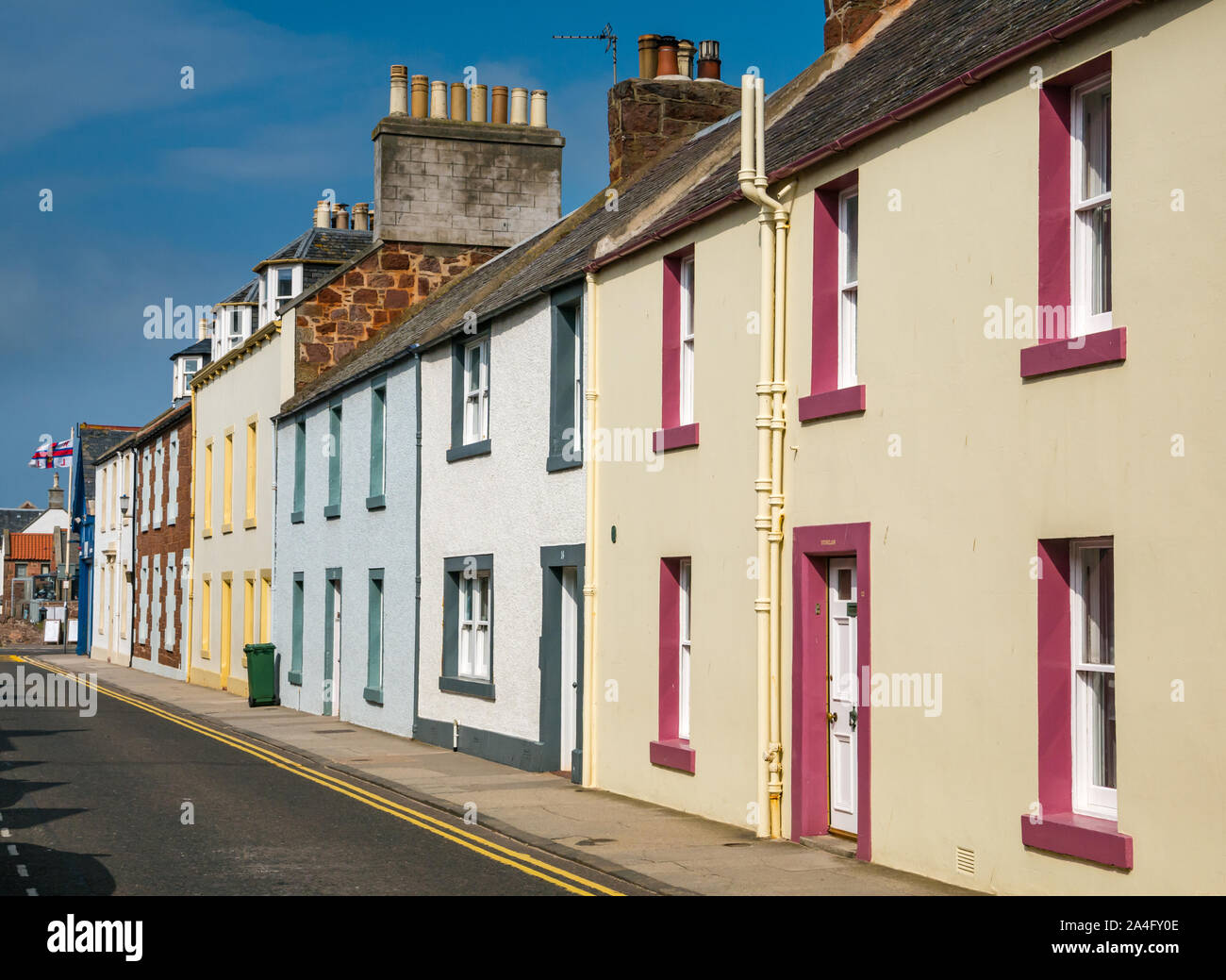 Row of colourful seaside traditional cottages, Victoria Road, North Berwick, East Lothian, Scotland, UK Stock Photo